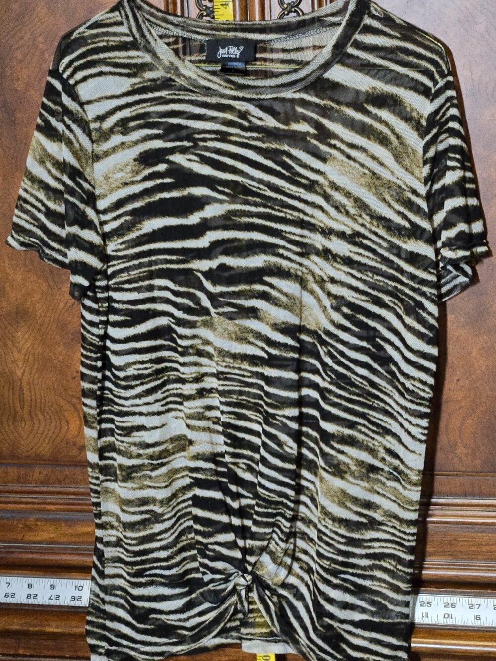 Just Polly New York Zebra Print Mesh Top Large Twist Front Short Sleeve
